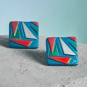 Geometric Blue Multicolor Square Stud Earrings